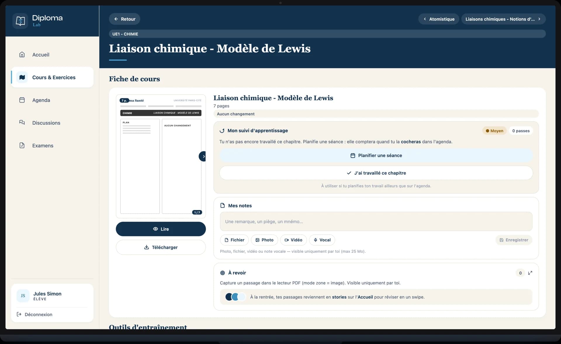 Diploma Lab sur ordinateur : la fiche de chapitre avec son suivi, ses notes et ses passages à revoir