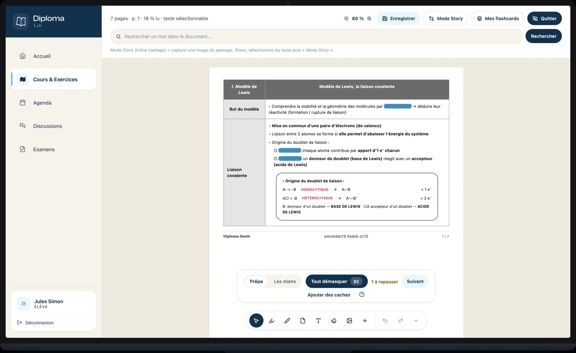 Le lecteur de fiche ouvert sur un chapitre de chimie, en mode texte à trou : les notions clés sont masquées, la barre d’outils permet d’annoter, de créer une flashcard ou de lancer le mode story
