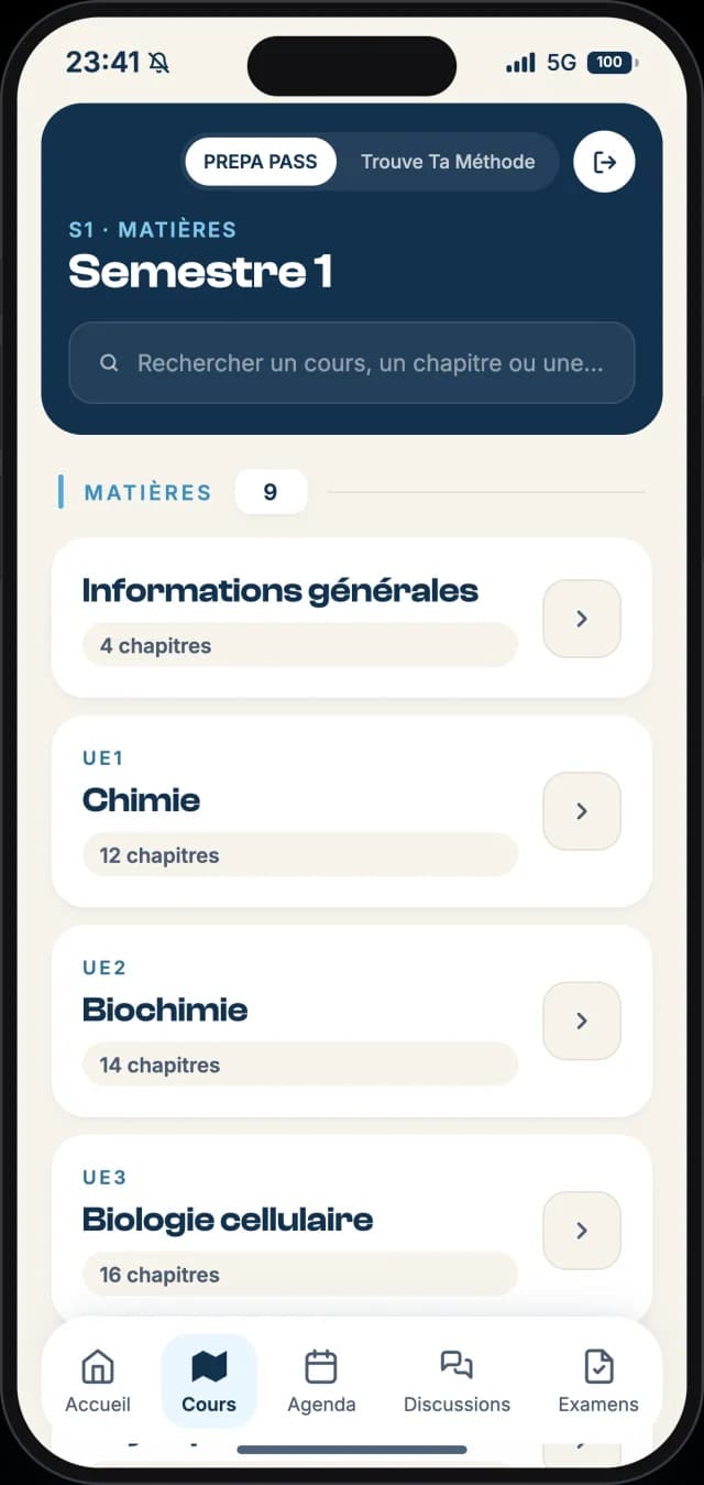 Cours sur téléphone : les matières du semestre 1, chaque UE avec son nombre de chapitres