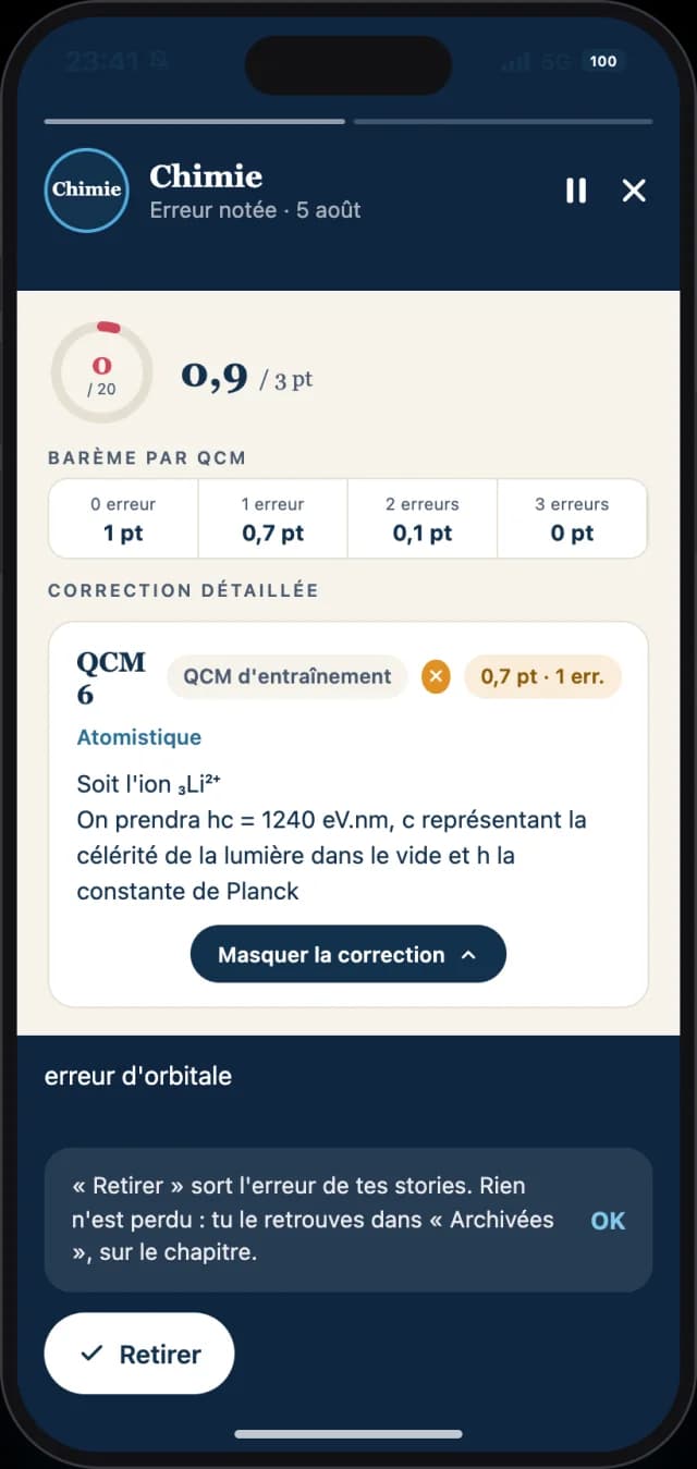 Story « erreur » : un QCM manqué revient avec son barème et sa correction détaillée