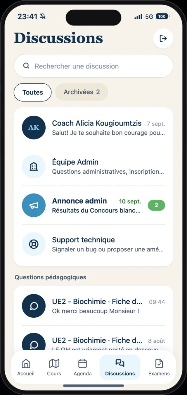 Discussions : le coach, l’équipe admin, le support et les questions pédagogiques dans un même fil