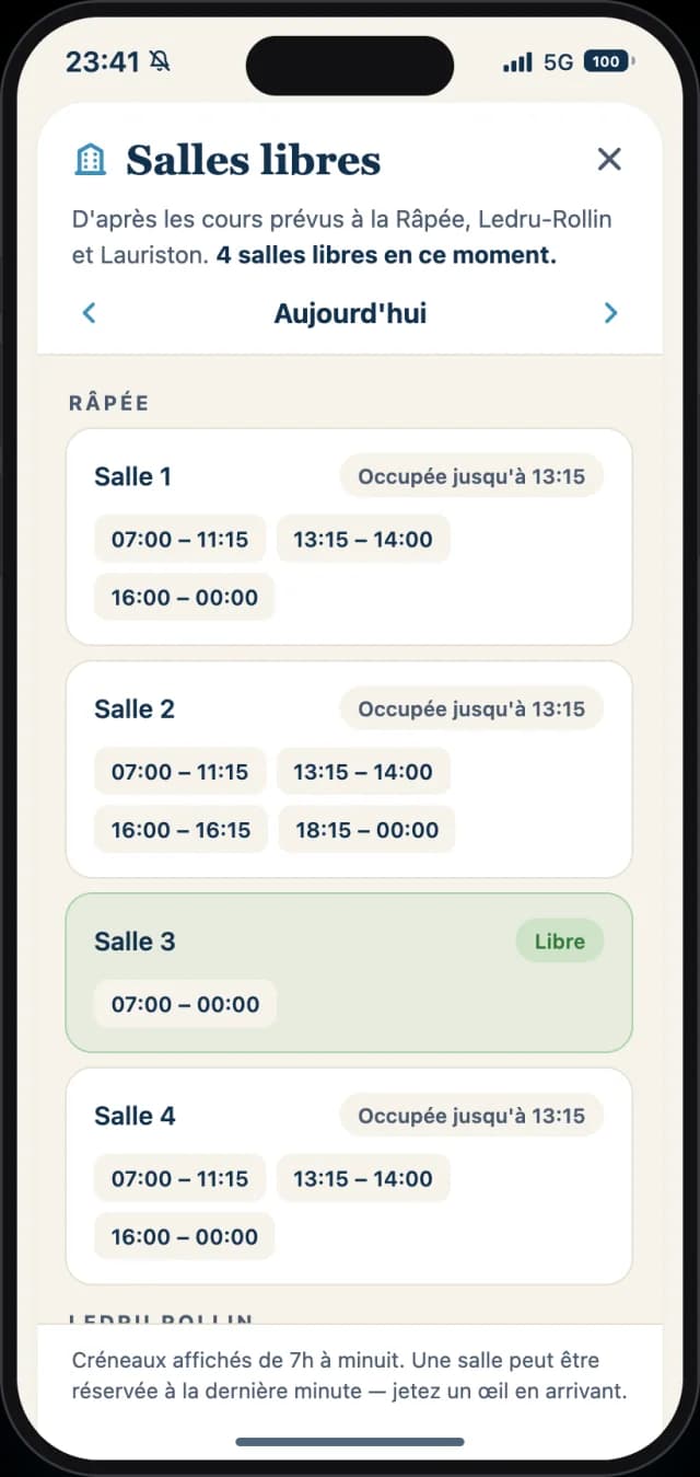 Salles libres : les créneaux disponibles aujourd’hui sur chaque campus