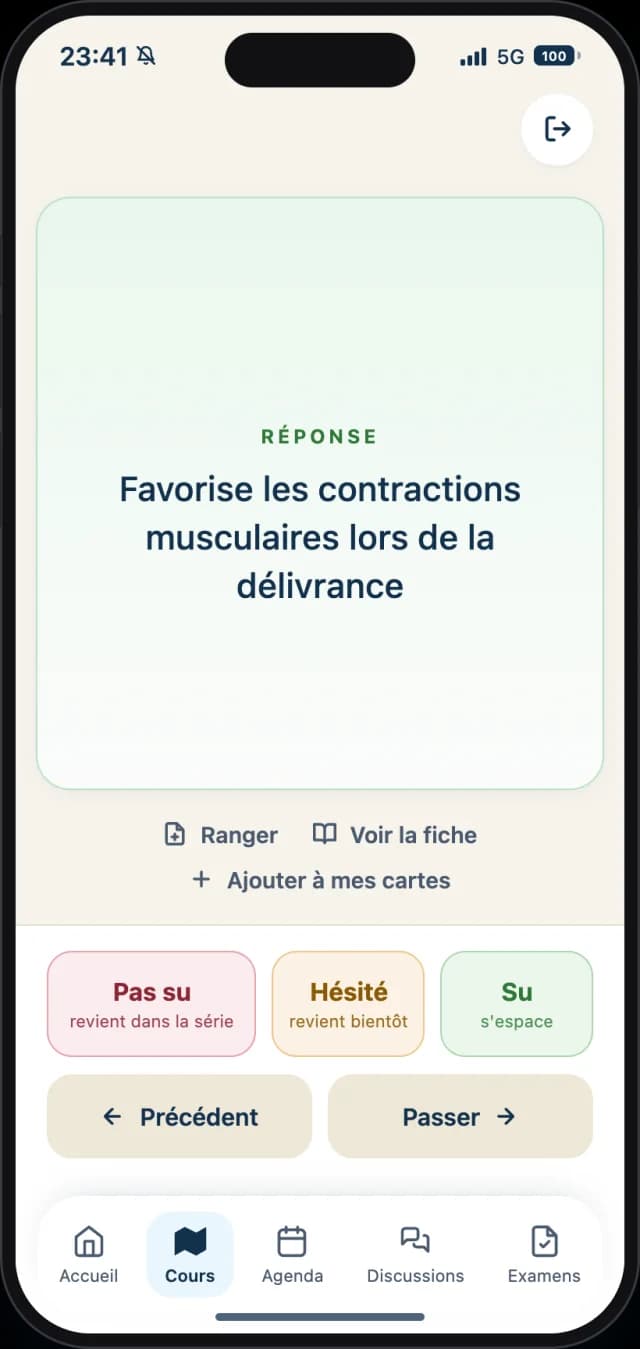 Flashcard côté réponse : la correction affichée, avec les boutons pour indiquer si la notion est acquise