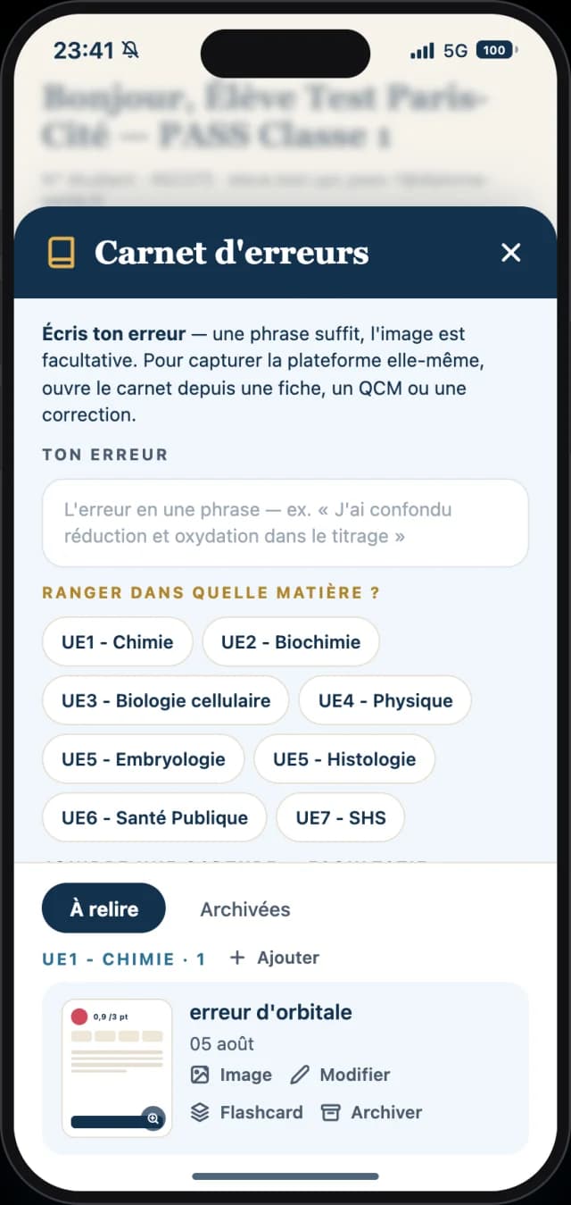 Le carnet d’erreurs : les QCM manqués regroupés par chapitre, avec leur correction